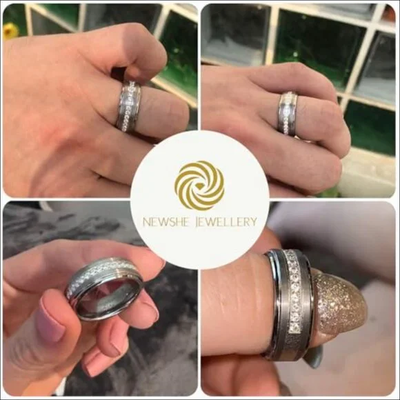 Sterling Silver and Tungsten Carbide Wedding Rings Set with Cubic Zirconia